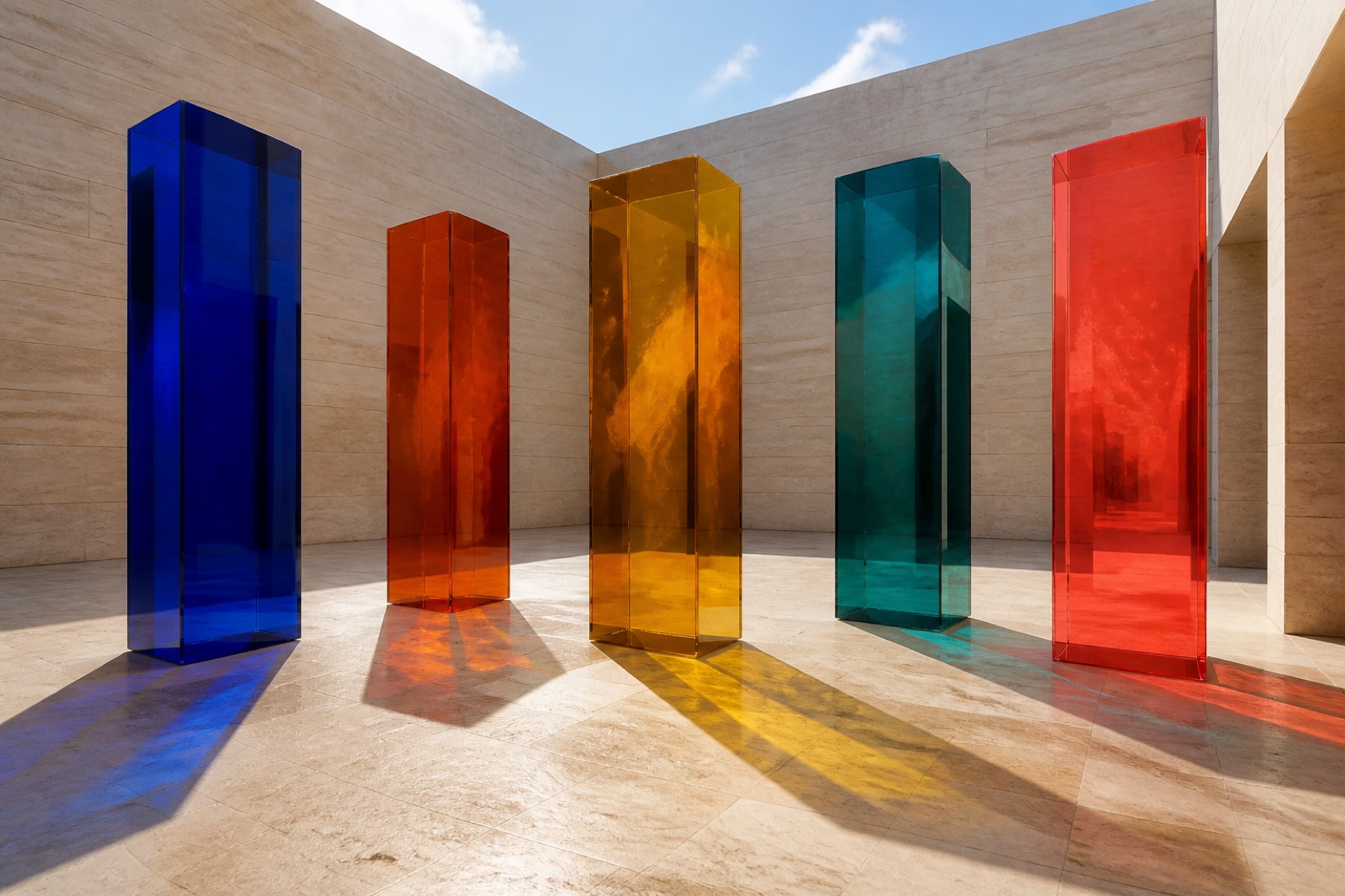 Cinq volumes de verre colorés — effectif IA