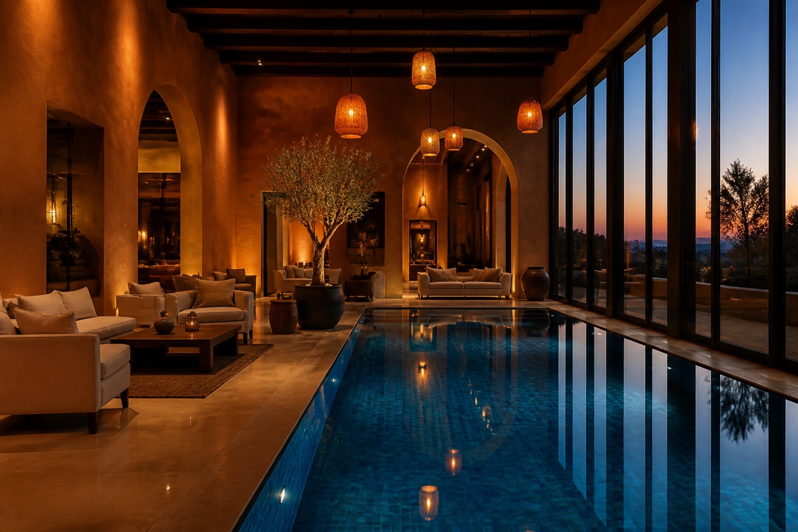 Lobby Hotel Nova — terracotta et bassin cobalt